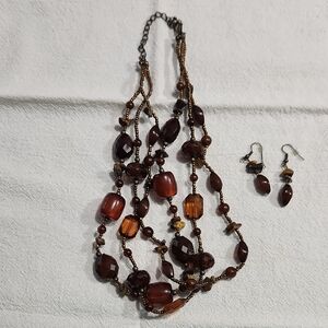 Chic Multi-Strand Brown Beaded Necklace and Earring Set